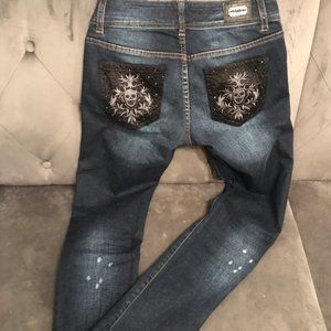 PHILIPP PLEIN $1250 Distressed Strawberry Cheesecake Slim Fit Jeans Beluga Blue